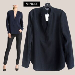 VINCE NEW Minimalist Band Collar 100% Silk Half Placket Tuxedo Stitch Shirt M